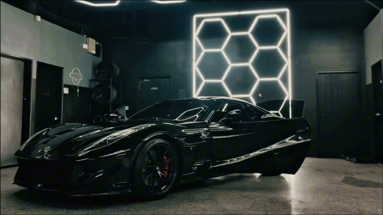 Glossy black Ferrari with red brake calipers and an open door inside the shop