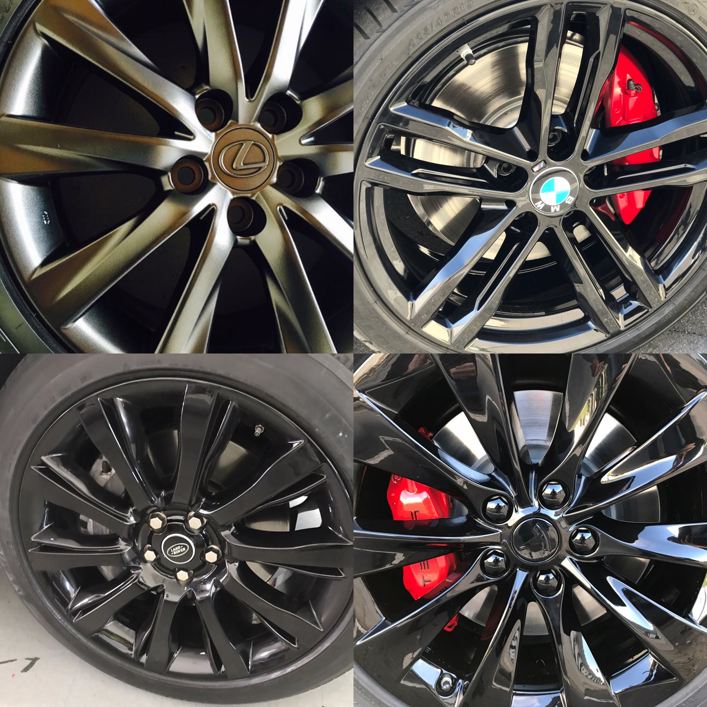 Examples of satin and gloss wheel finishes on Lexus, BMW, Land Rover, and Tesla wheels